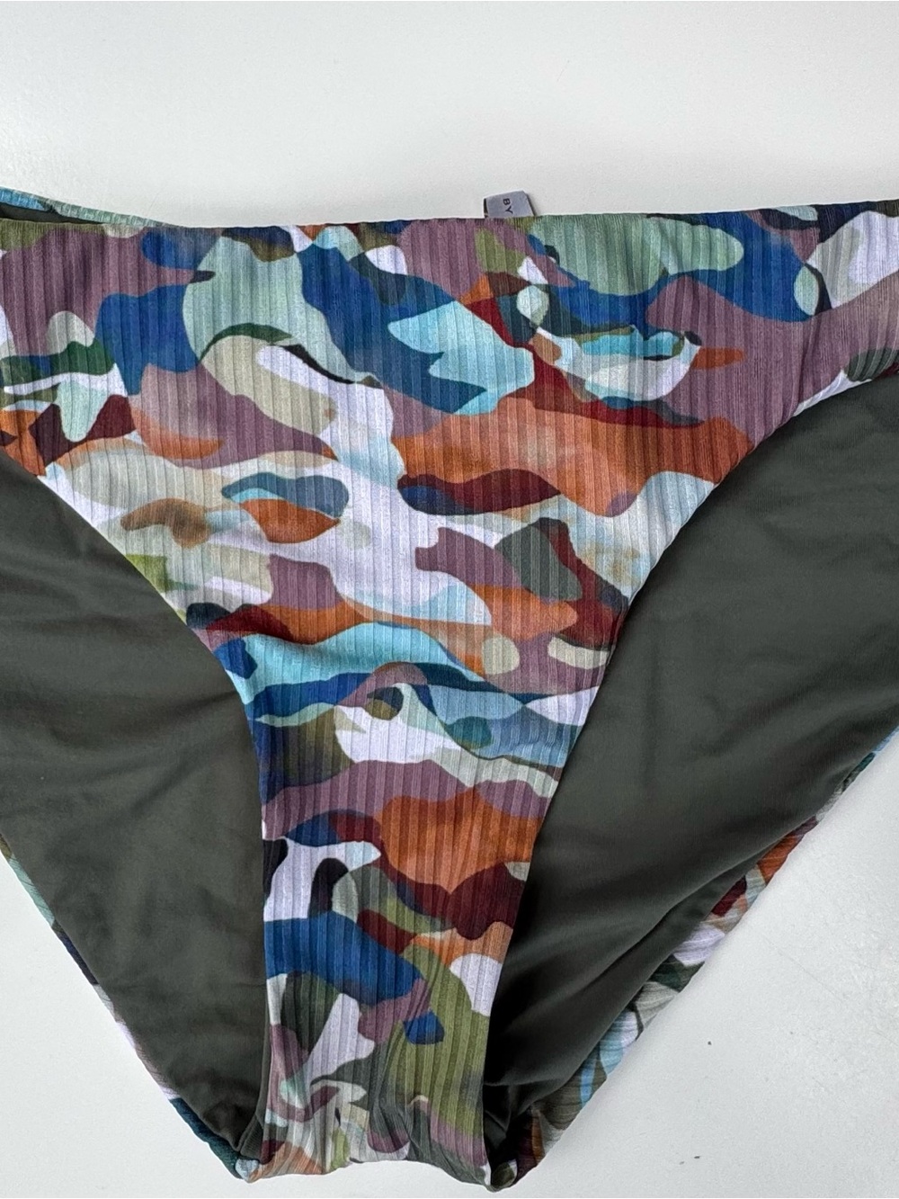 BECCA Multicolor Camo Ribbed Bikini Bottom with Olive Panels